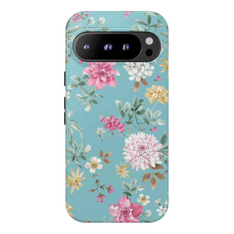Blue Floral Google Pixel Tough Case – Protective Flower Phone Case for Pixel 8, Pixel 8 Pro, Pixel 9 Pro XL with Vintage Botanical Design