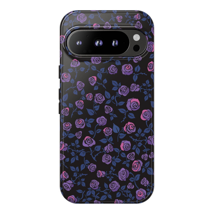 Tough Google Pixel phone case with dark background and purple-pink rose floral design – compatible with Pixel 8, Pixel 8 Pro, and Pixel 9 Pro XL