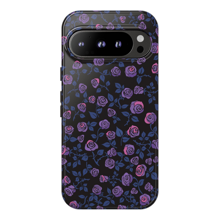 Tough Google Pixel phone case with dark background and purple-pink rose floral design – compatible with Pixel 8, Pixel 8 Pro, and Pixel 9 Pro XL