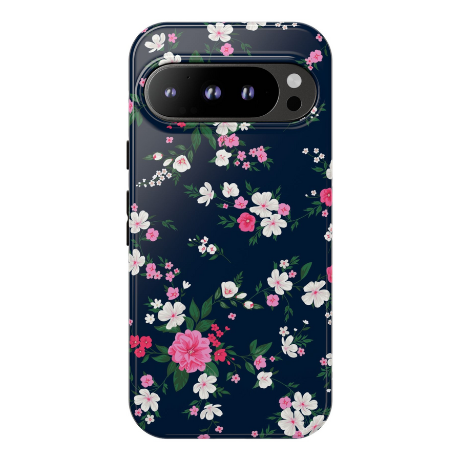 Midnight Floral Google Pixel Tough Case – Dark Navy Protective Case for Pixel 8, Pixel 8 Pro, Pixel 9 Pro XL with Romantic Blossom Pattern