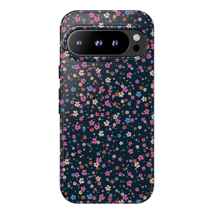 Dark floral tough Google Pixel case featuring tiny pink, red, blue, and cream flowers on a black background – compatible with Pixel 8, Pixel 8 Pro, Pixel 9 Pro XL