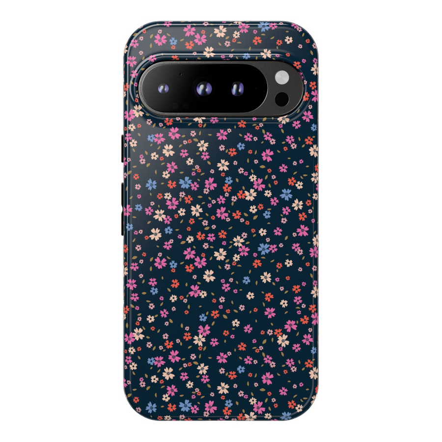 Dark floral tough Google Pixel case featuring tiny pink, red, blue, and cream flowers on a black background – compatible with Pixel 8, Pixel 8 Pro, Pixel 9 Pro XL