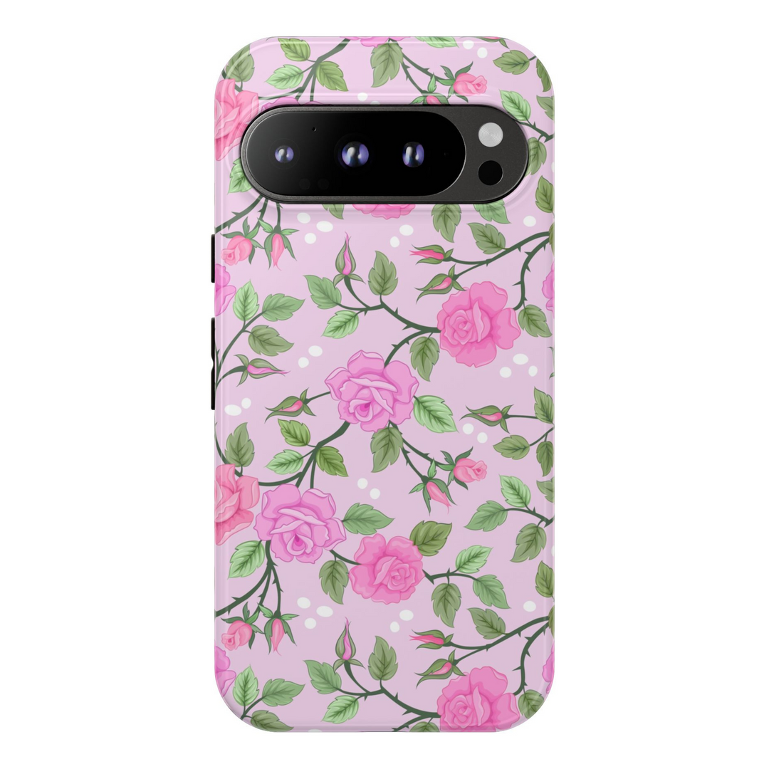 Elegant pink rose floral Google Pixel case with pastel botanical design on lavender background – compatible with Pixel 8, 8 Pro, and Pixel 9 Pro XL