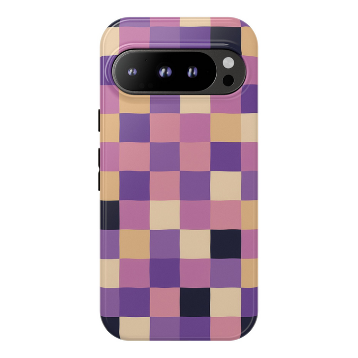 Aesthetic purple checkered Google Pixel tough case with pastel grid pattern in lilac, mauve, and cream – fits Pixel 8, 8 Pro, and 9 Pro XL