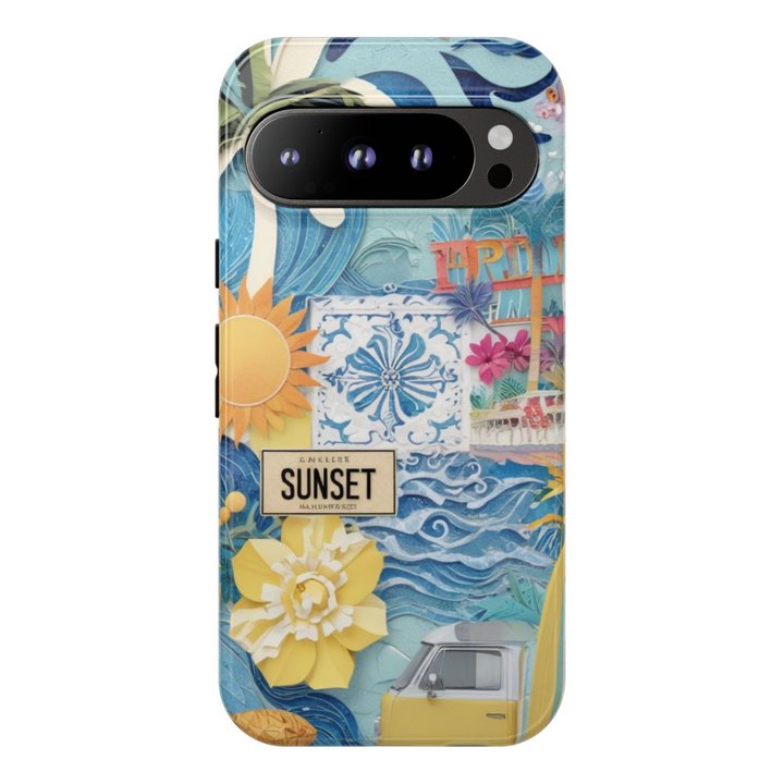 Colorful tropical beach collage Google Pixel case with sun, waves, palm trees, and vintage travel motifs – fits Pixel 8, 8 Pro, and 9 Pro XL