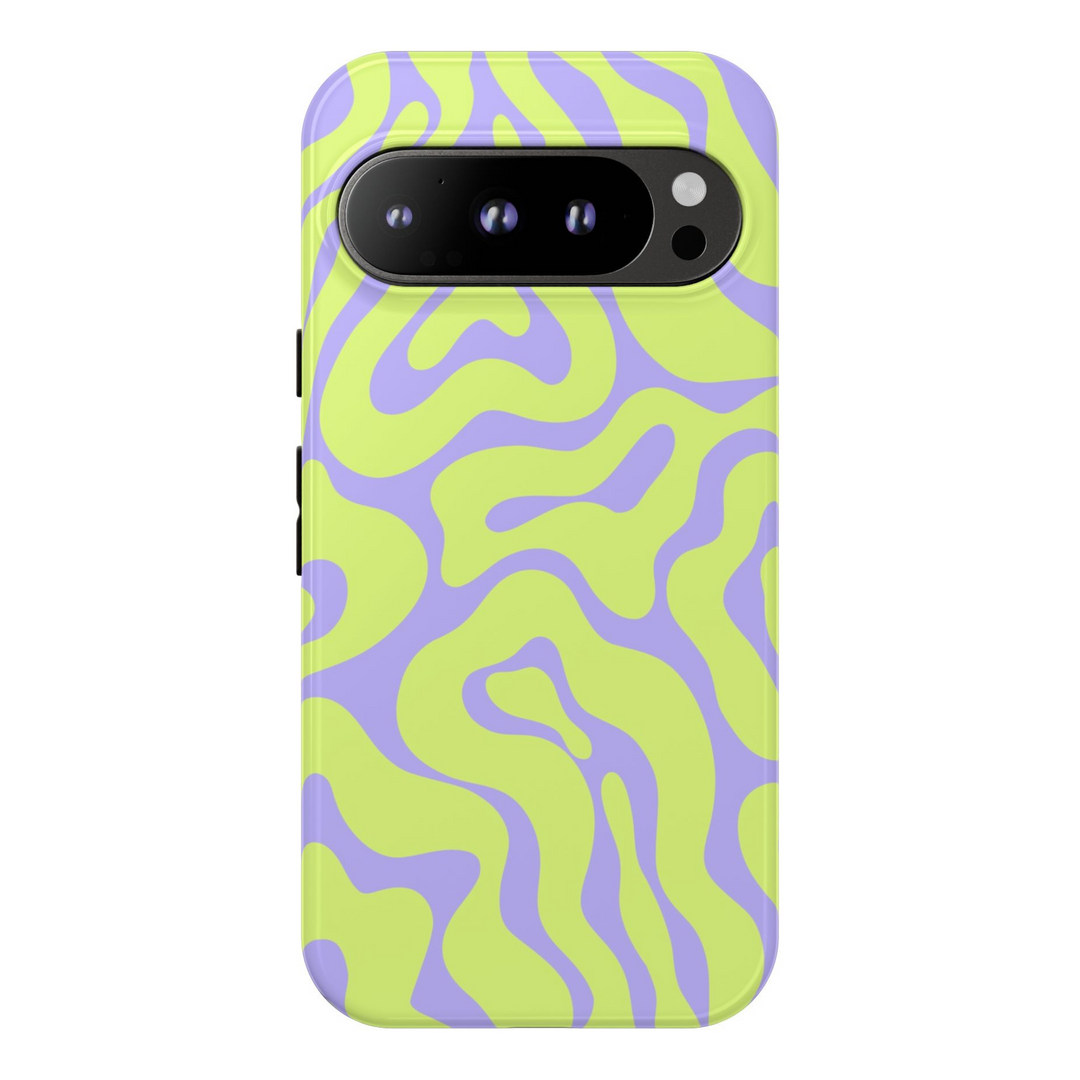 Wavy lime green and lavender Pixel case in an abstract psychedelic pattern – protective Google Pixel case for Pixel 8, 8 Pro, Pixel 9 Pro XL