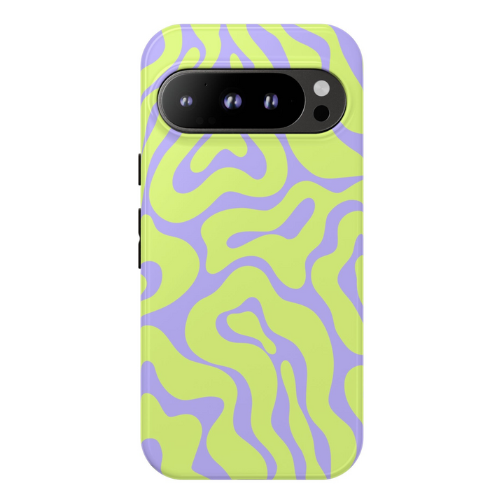 Wavy lime green and lavender Pixel case in an abstract psychedelic pattern – protective Google Pixel case for Pixel 8, 8 Pro, Pixel 9 Pro XL