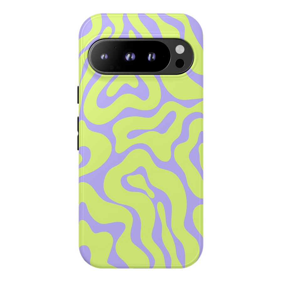 Wavy lime green and lavender Pixel case in an abstract psychedelic pattern – protective Google Pixel case for Pixel 8, 8 Pro, Pixel 9 Pro XL