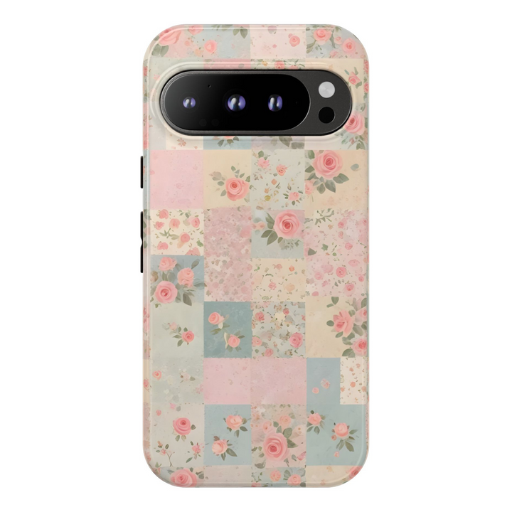 Shabby chic floral patchwork Google Pixel phone case with soft pink and blue roses – vintage protective case for Pixel 8, 8 Pro, and 9 Pro XL