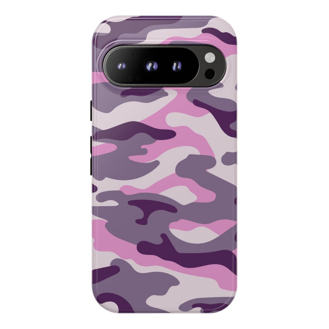 Purple and pink camouflage Google Pixel case – trendy tough cover for Pixel 8, Pixel 8 Pro, and Pixel 9 Pro XL with soft military aesthetic