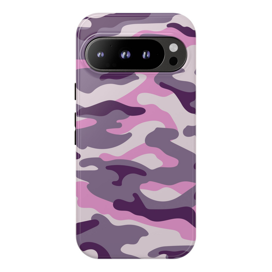 Purple and pink camouflage Google Pixel case – trendy tough cover for Pixel 8, Pixel 8 Pro, and Pixel 9 Pro XL with soft military aesthetic