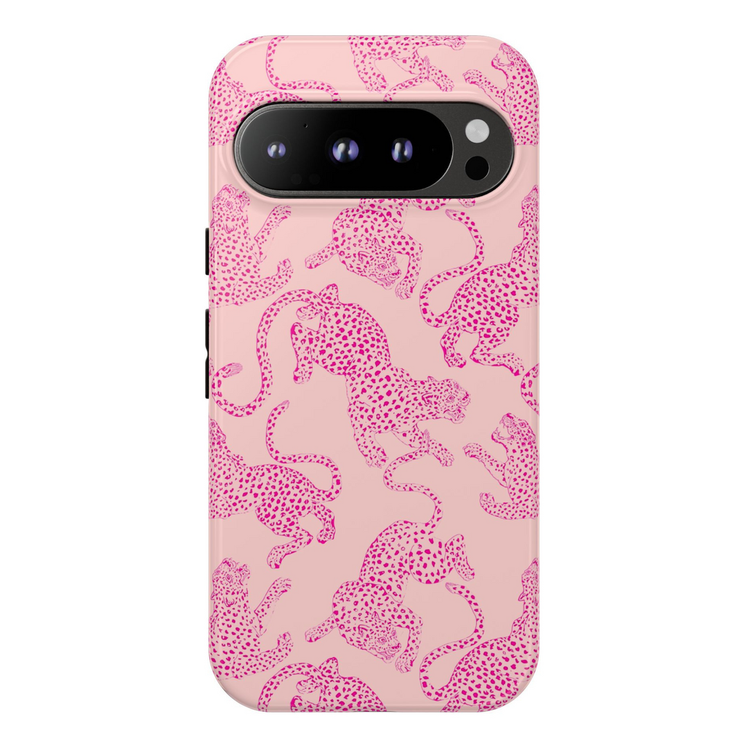 Pink wildcat print Google Pixel tough case with fierce leopard illustrations – aesthetic protective cover for Pixel 8, Pixel 8 Pro, Pixel 9 Pro XL