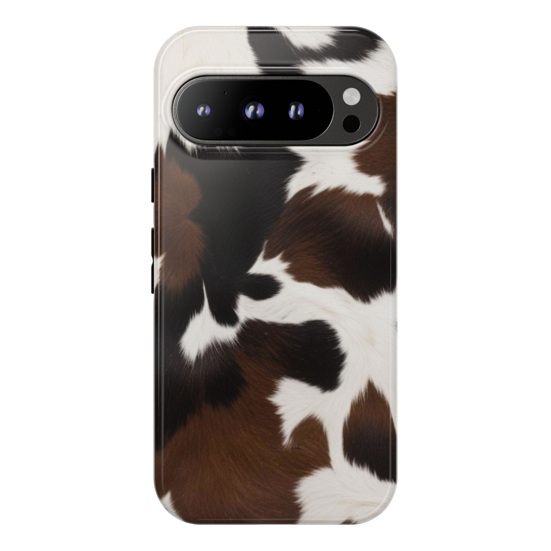 Cowhide Google Pixel tough case with brown, black, and white pattern – protective aesthetic cover for Pixel 8, Pixel 8 Pro, Pixel 9 Pro XL