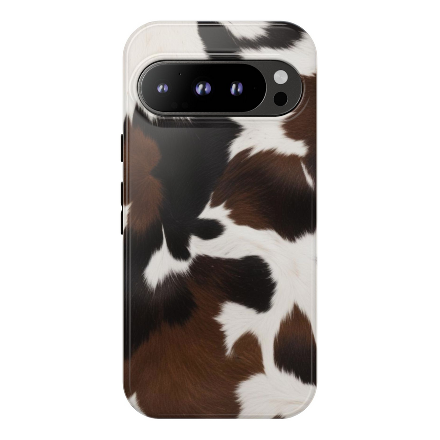 Cowhide Google Pixel tough case with brown, black, and white pattern – protective aesthetic cover for Pixel 8, Pixel 8 Pro, Pixel 9 Pro XL
