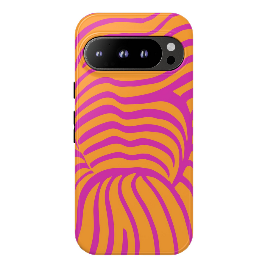Retro orange Pixel tough case with bold pink zebra wave lines – protective groovy design for Google Pixel 8, 8 Pro, Pixel 9 Pro XL