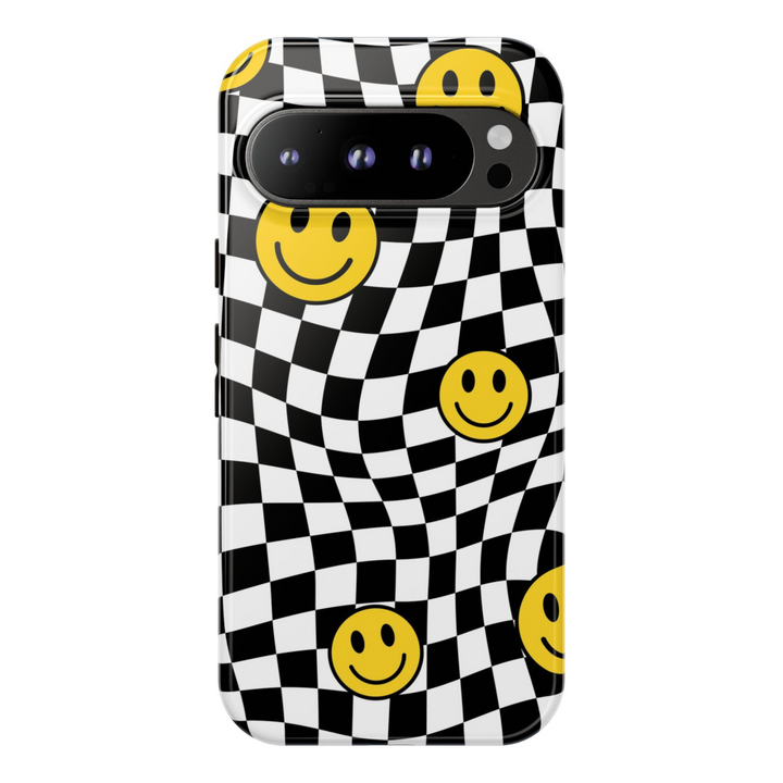Distorted checkerboard Pixel case with yellow smiley faces – bold trippy aesthetic tough cover for Google Pixel models