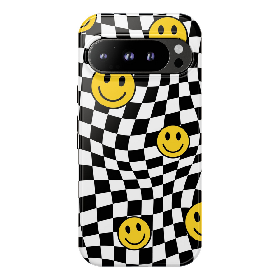 Distorted checkerboard Pixel case with yellow smiley faces – bold trippy aesthetic tough cover for Google Pixel models