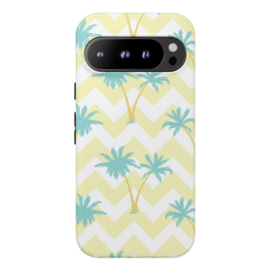 Chevron tropical palm tree phone case for Google Pixel with yellow and teal color scheme, summer aesthetic protective design