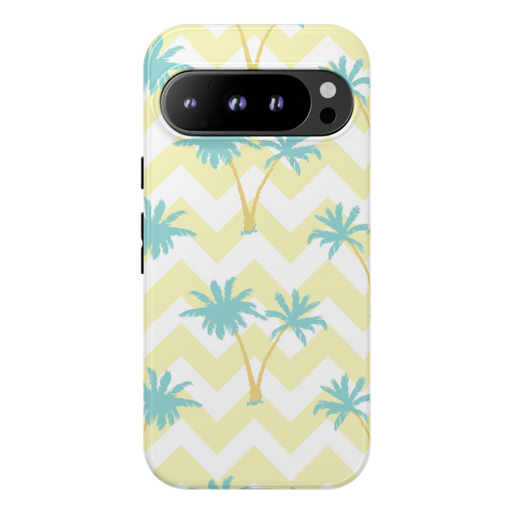 Chevron tropical palm tree phone case for Google Pixel with yellow and teal color scheme, summer aesthetic protective design