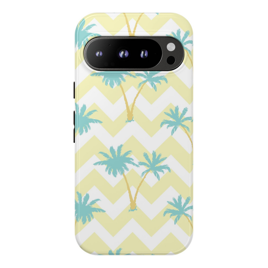 Chevron tropical palm tree phone case for Google Pixel with yellow and teal color scheme, summer aesthetic protective design