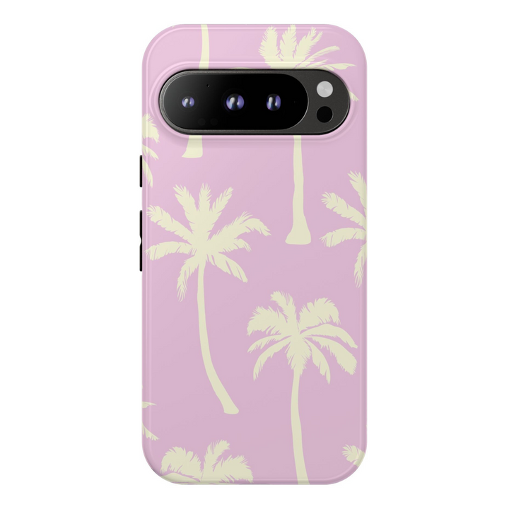 Light pastel palm tree print phone case in pink and cream for Google Pixel, tropical aesthetic, protective glossy finish
