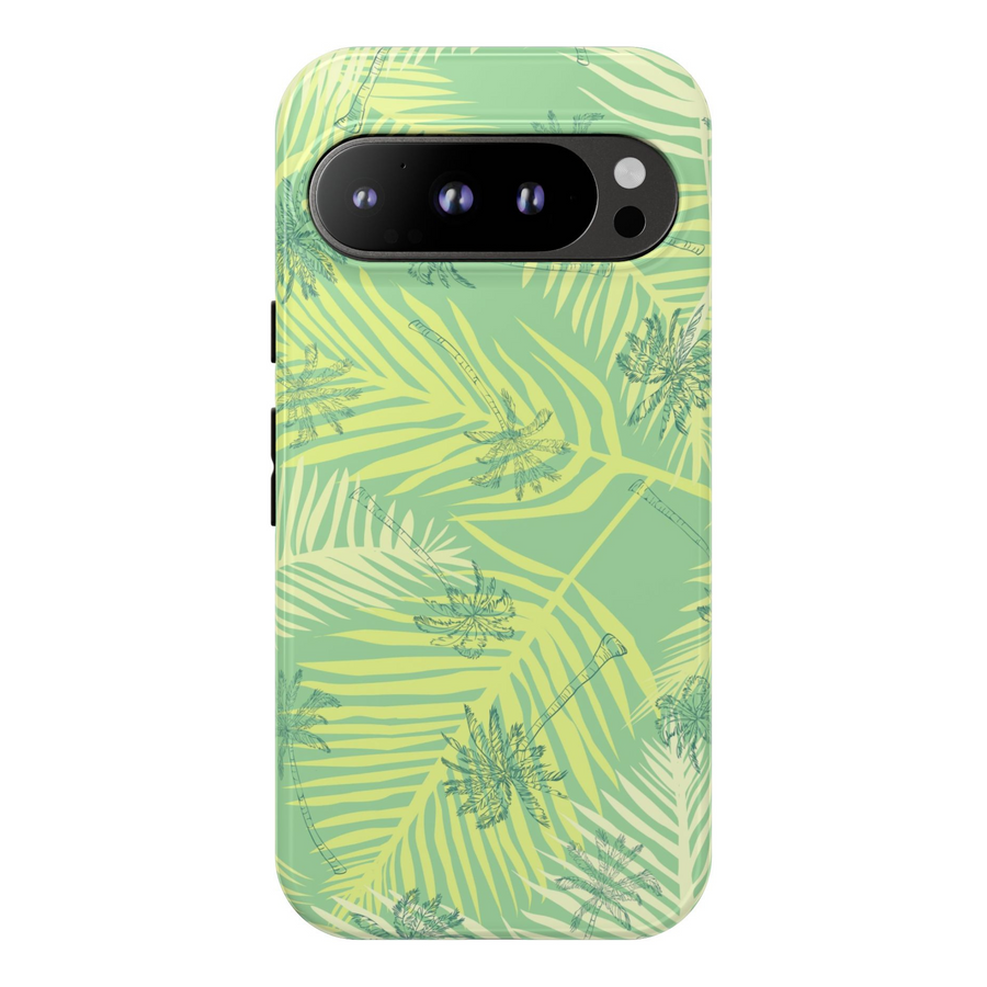 Tropical green palm leaf pattern phone case for Google Pixel with island vibes, durable glossy finish, and summer-ready design