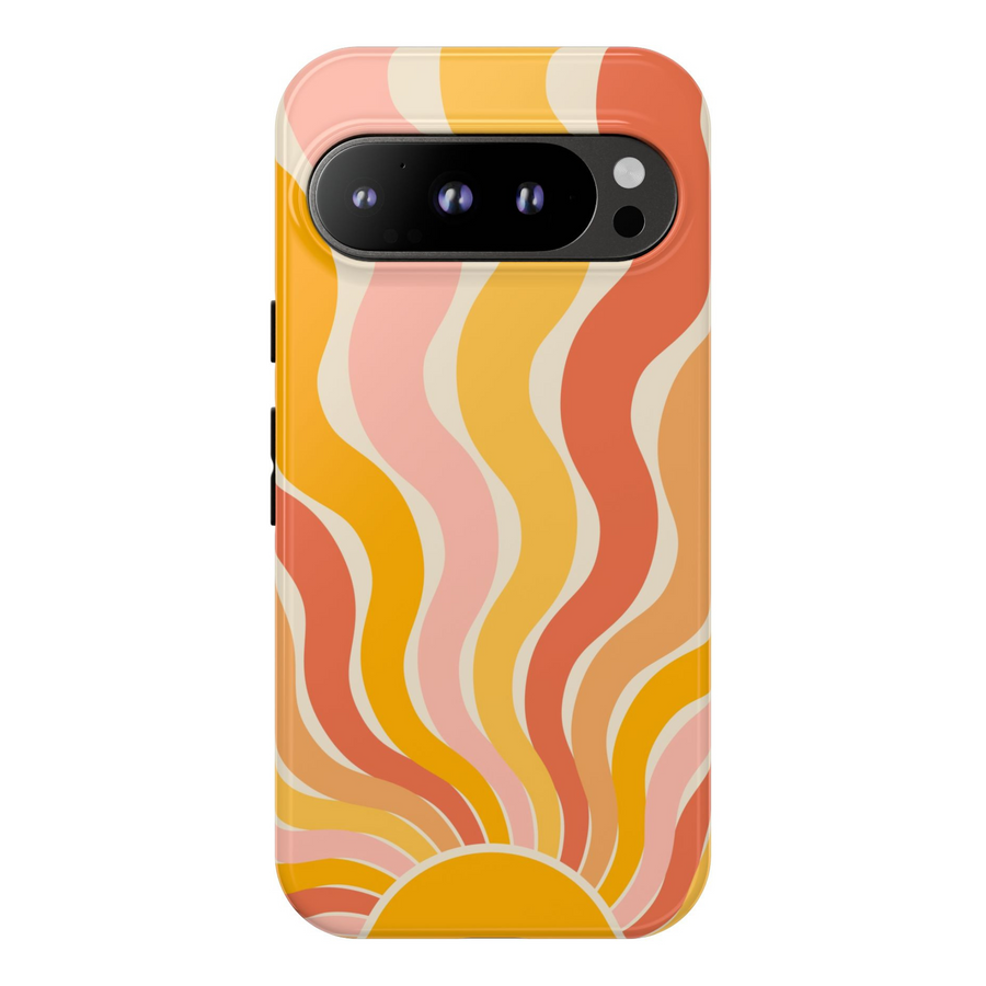 Bright retro sunrise phone case for Google Pixel featuring wavy sunray pattern in yellow, peach, and coral – durable and aesthetic summer design