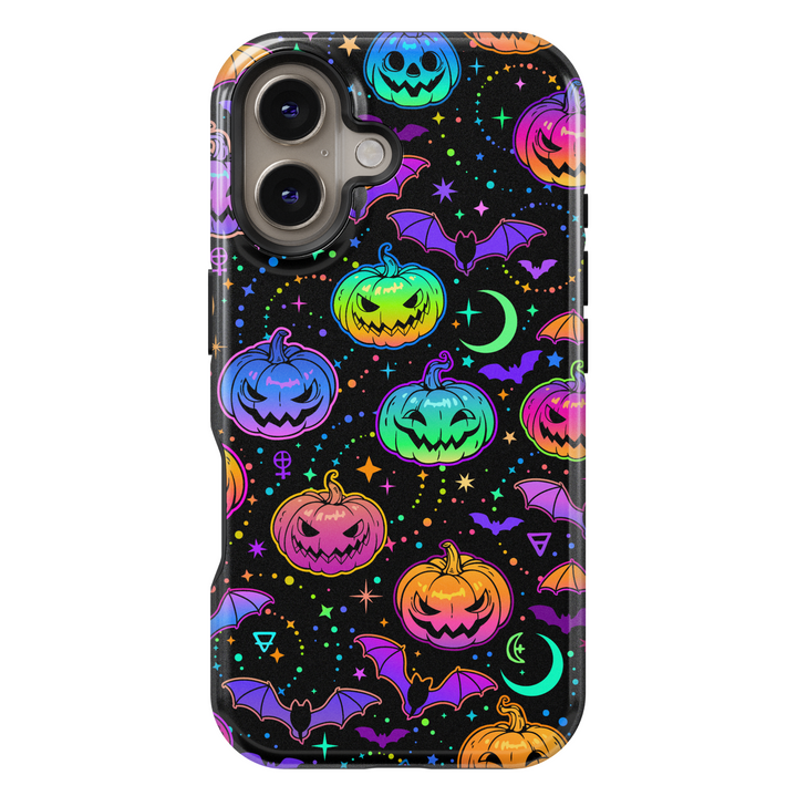 Colorful neon Halloween iPhone case with glowing rainbow pumpkins, bats, stars, moons, and spooky symbols on a black background. Features aesthetic spooky season vibes with vibrant jack-o'-lanterns, creepy bats, and a magical night sky design. Perfect for iPhone 16 Pro Max, 15, 14, and 13.