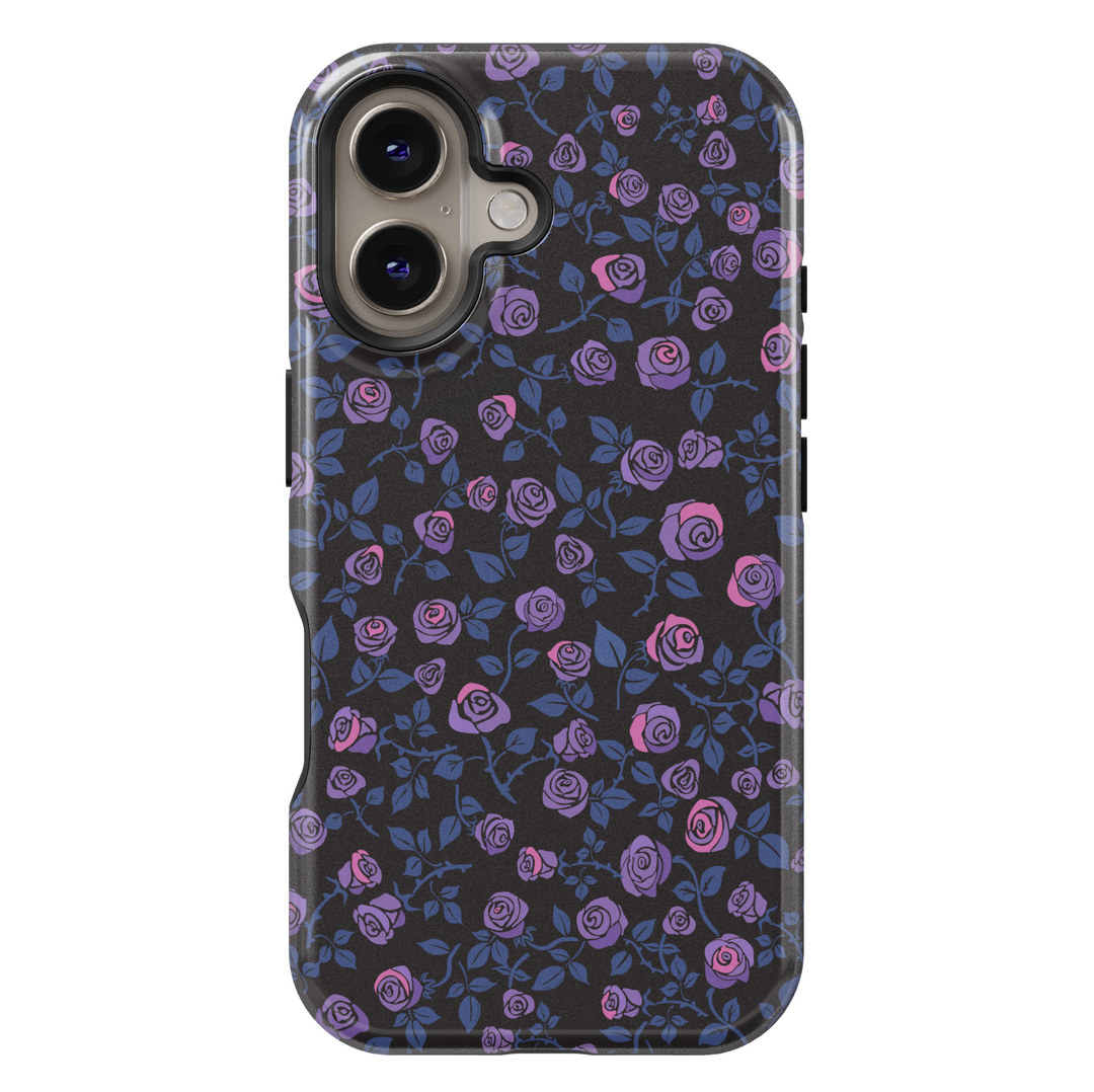 iPhone case with a dark black background covered in a seamless pattern of purple and pink roses and blue leaves, creating a moody, romantic aesthetic.