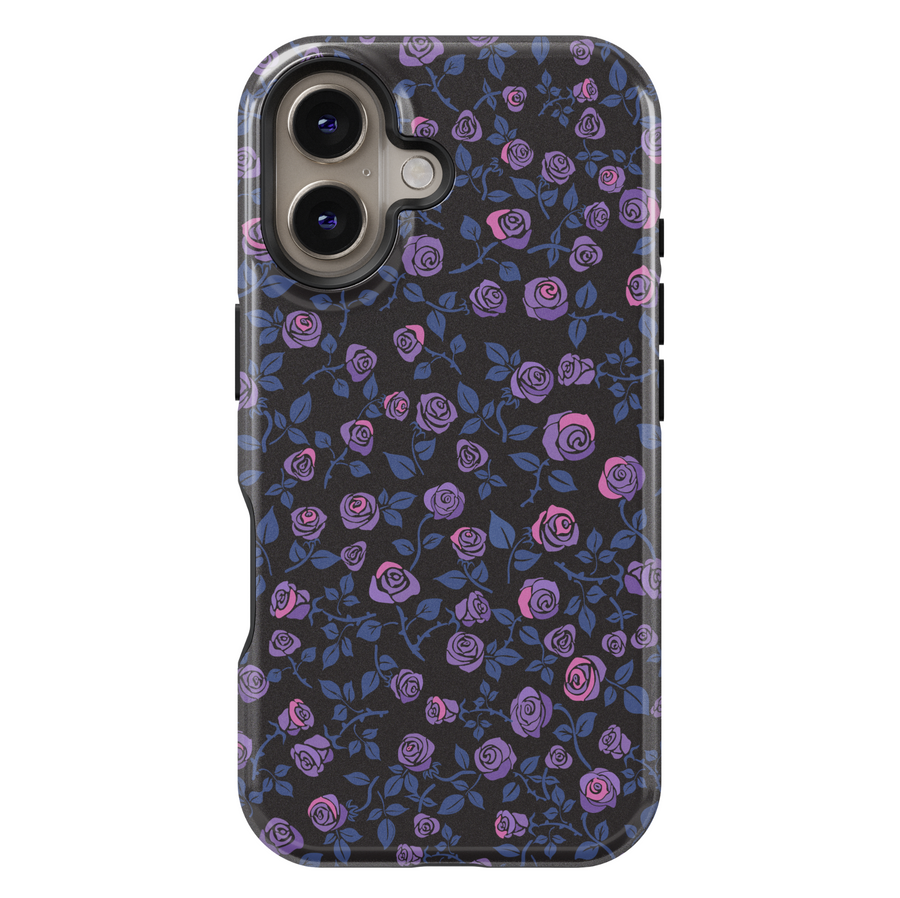 iPhone case with a dark black background covered in a seamless pattern of purple and pink roses and blue leaves, creating a moody, romantic aesthetic.