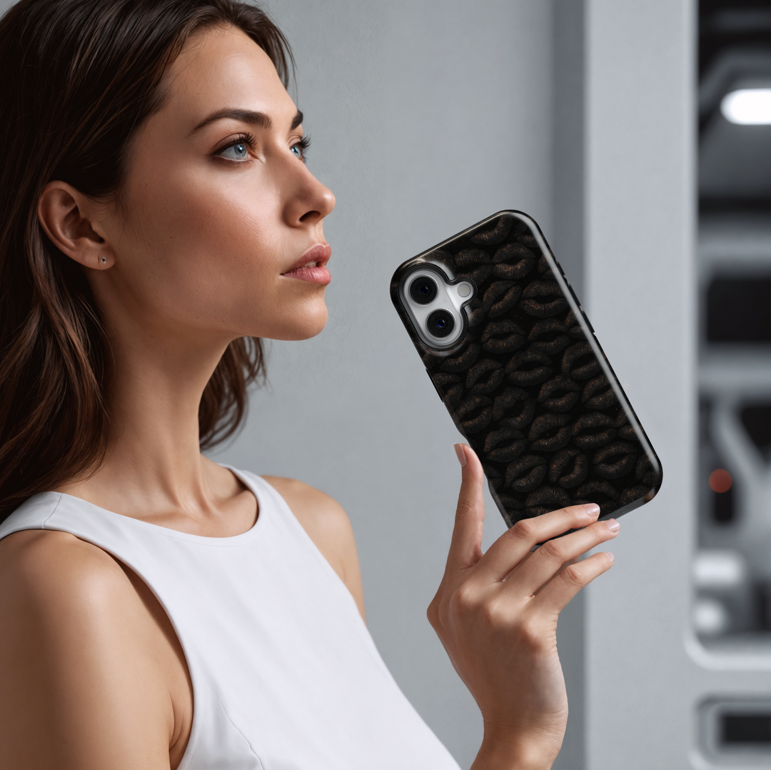 Glossy black iPhone case featuring a textured dark lip print pattern, stylish and edgy design for iPhone 16 series, MagSafe compatible.