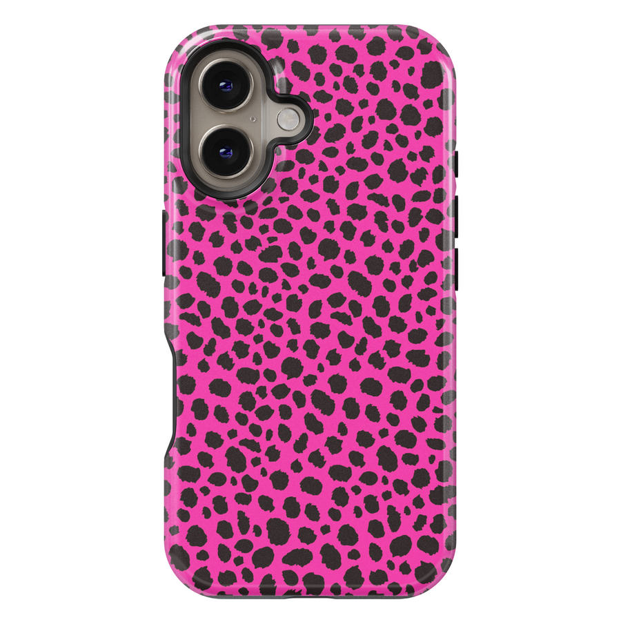 Hot pink leopard print iPhone case with bold black animal spots, designed for iPhone 16 series and MagSafe compatible, featuring a girly wild aesthetic.