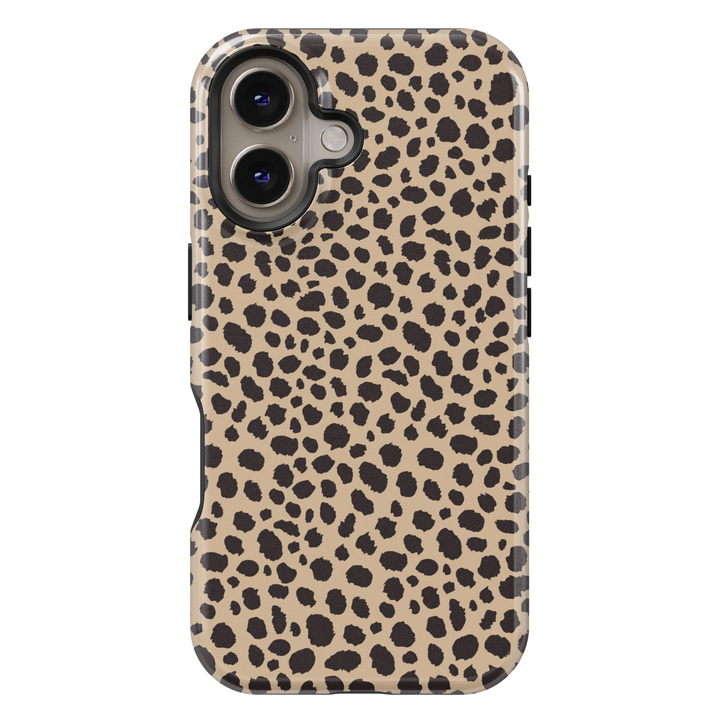 Leopard print iPhone case with bold black animal spots on a tan background, designed for iPhone 16 series with MagSafe compatibility.