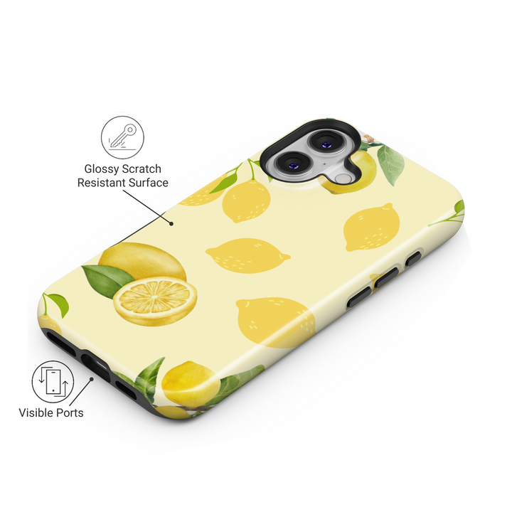 iPhone 16 case with lemon fruit design, yellow citrus pattern phone case for women, cute girly MagSafe iPhone case with soft pastel background