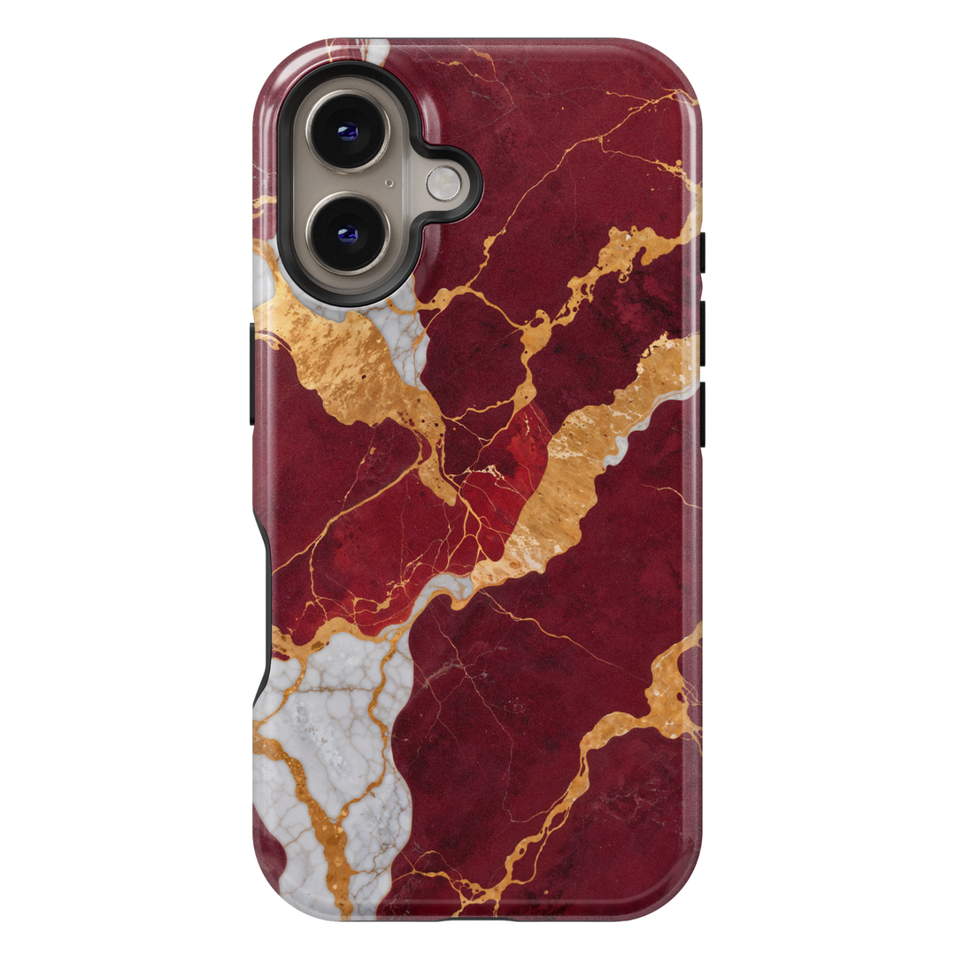 Burgundy marble phone case with gold and white crackle design – compatible with iPhone 16, 16 Pro Max, Galaxy S24 Ultra, MagSafe-ready tough case.