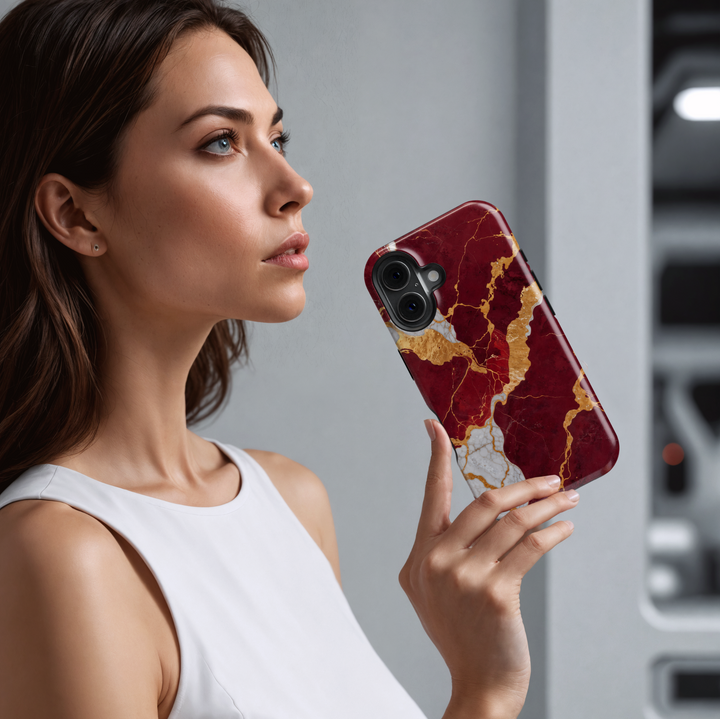 Burgundy marble phone case with gold and white crackle design – compatible with iPhone 16, 16 Pro Max, Galaxy S24 Ultra, MagSafe-ready tough case.