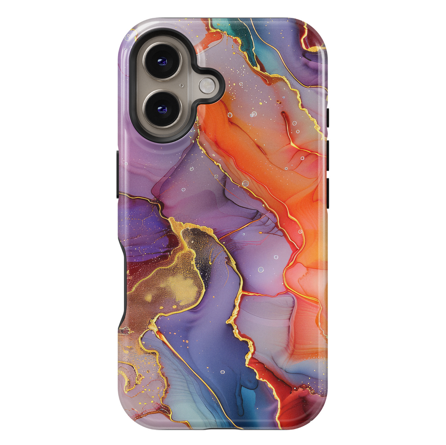 Bold abstract watercolor swirl phone case in orange, purple, teal, and gold – fits iPhone 16 Pro, Galaxy S24 Ultra, iPhone 15 Plus, MagSafe compatible.