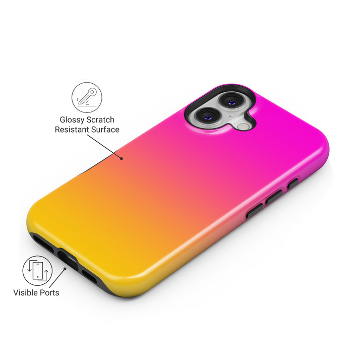 Bright pink to yellow ombre gradient iPhone 16 MagSafe case for women, vibrant and minimalist tough cover