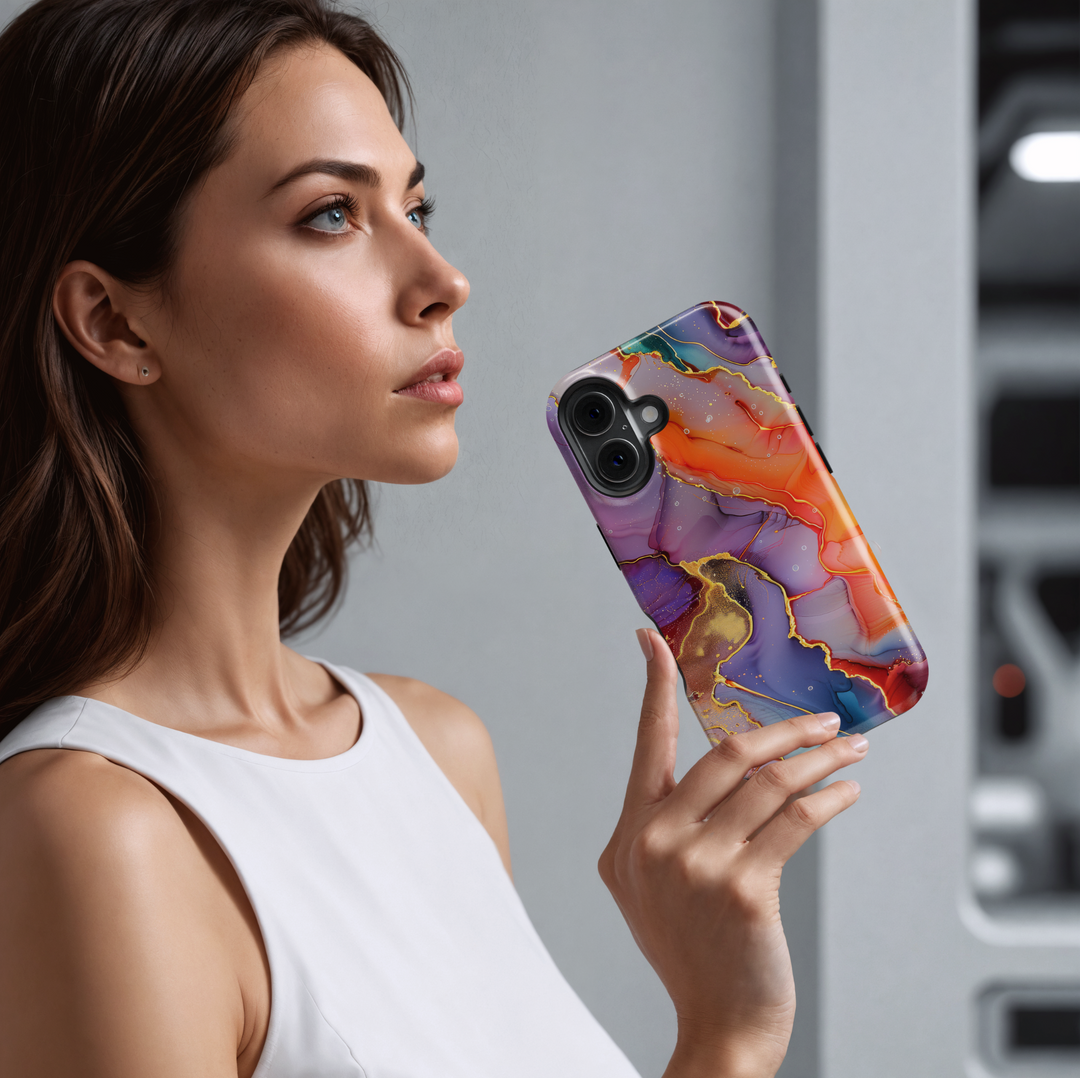 Bold abstract watercolor swirl phone case in orange, purple, teal, and gold – fits iPhone 16 Pro, Galaxy S24 Ultra, iPhone 15 Plus, MagSafe compatible.