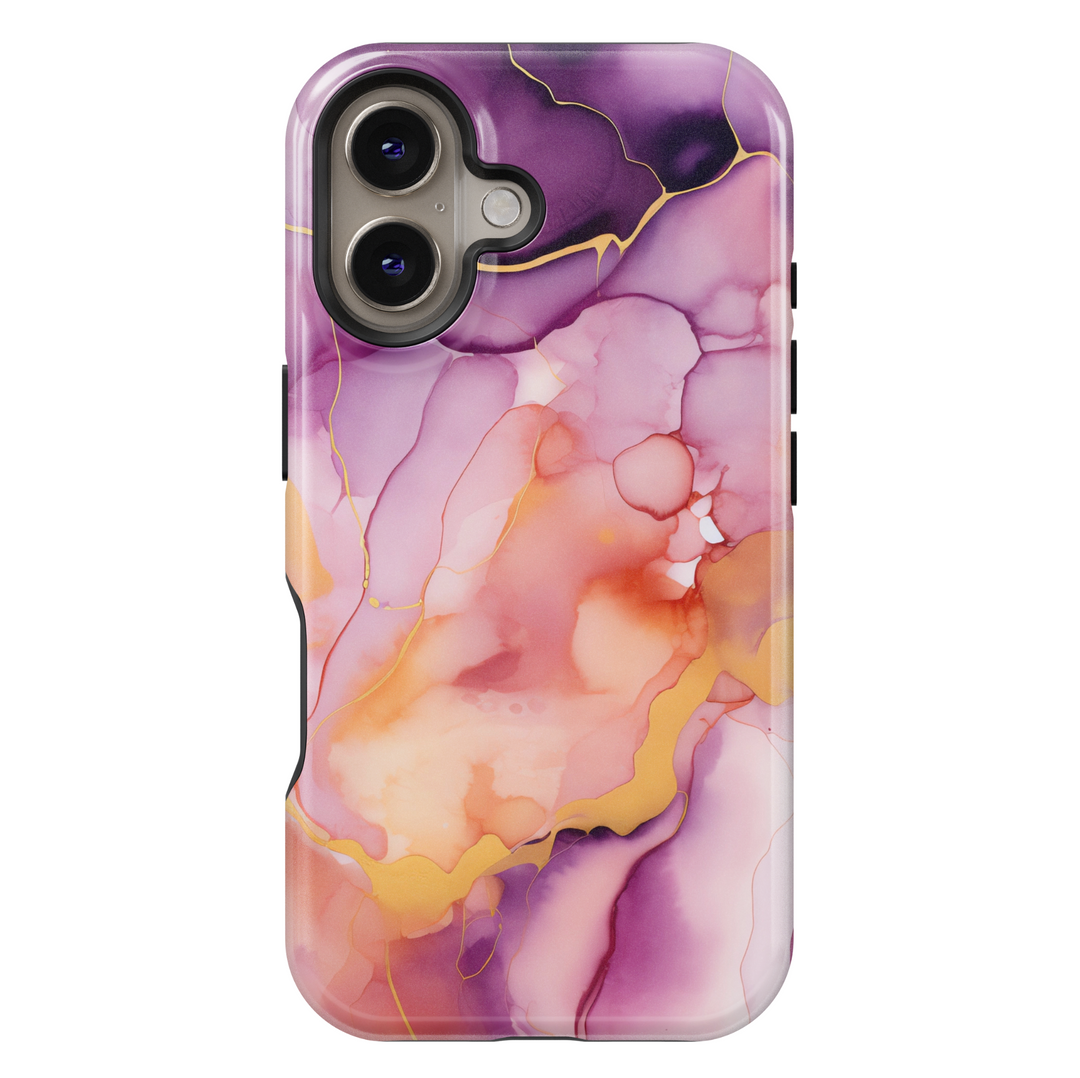 Vibrant pink, purple, and orange watercolor marble phone case – fits iPhone 16 Pro, 15 Plus, Galaxy S24 Ultra, MagSafe compatible.