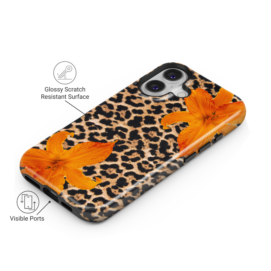 MagSafe iPhone 16 Pro Max case with leopard print and tropical flower design – protective wild aesthetic case for iPhone 15 Pro and iPhone 16e