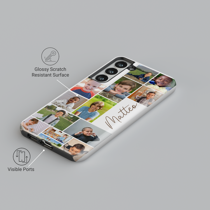Custom photo collage Samsung Galaxy phone case with personalized name. Perfect for Galaxy S25 Ultra, S24 FE, S23, and more.