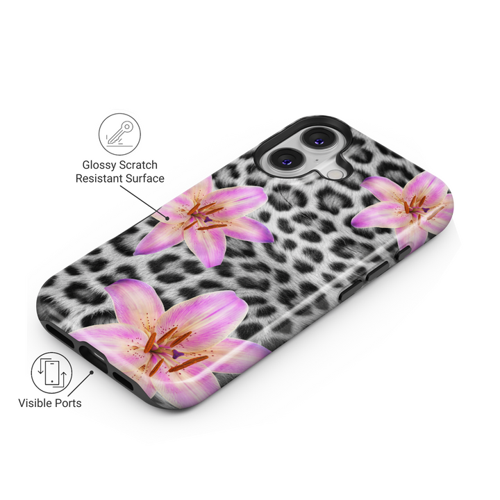 iPhone 16 Pro Max MagSafe case with black and white leopard print and pink lily floral design – feminine aesthetic protective case for iPhone 15 Pro and iPhone 16e