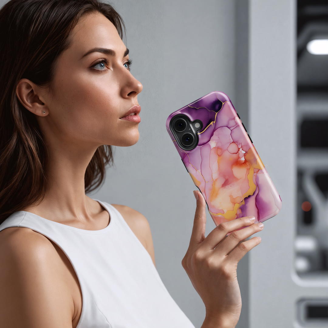 Vibrant pink, purple, and orange watercolor marble phone case – fits iPhone 16 Pro, 15 Plus, Galaxy S24 Ultra, MagSafe compatible.