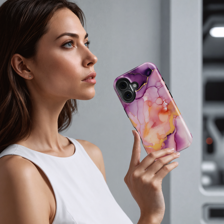 Vibrant pink, purple, and orange watercolor marble phone case – fits iPhone 16 Pro, 15 Plus, Galaxy S24 Ultra, MagSafe compatible.
