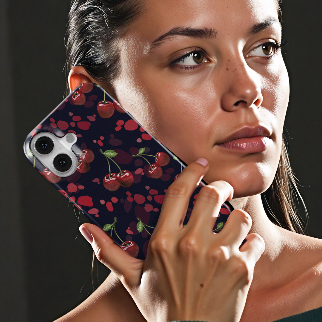 Navy phone case with red cherry pattern, dark aesthetic fruit design protective cover for iPhone and Samsung
