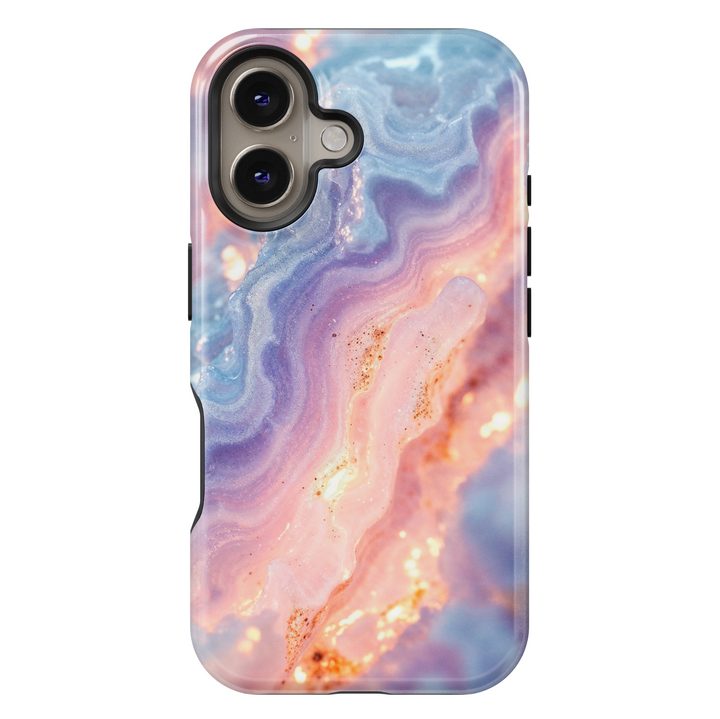 Pink and blue marble iPhone case with shimmer texture – compatible with iPhone 16 Pro, 15, 14 Plus, Galaxy S24 Ultra, MagSafe ready.