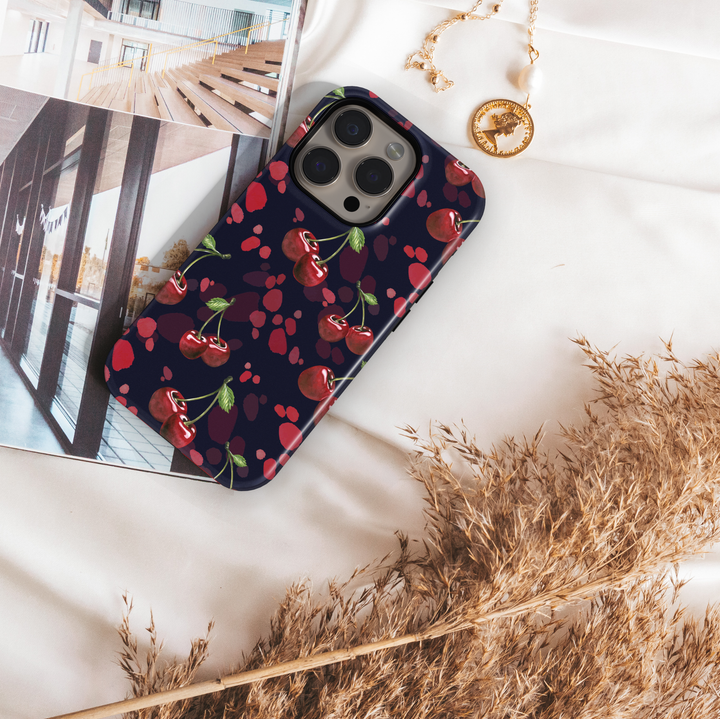 Navy phone case with red cherry pattern, dark aesthetic fruit design protective cover for iPhone and Samsung