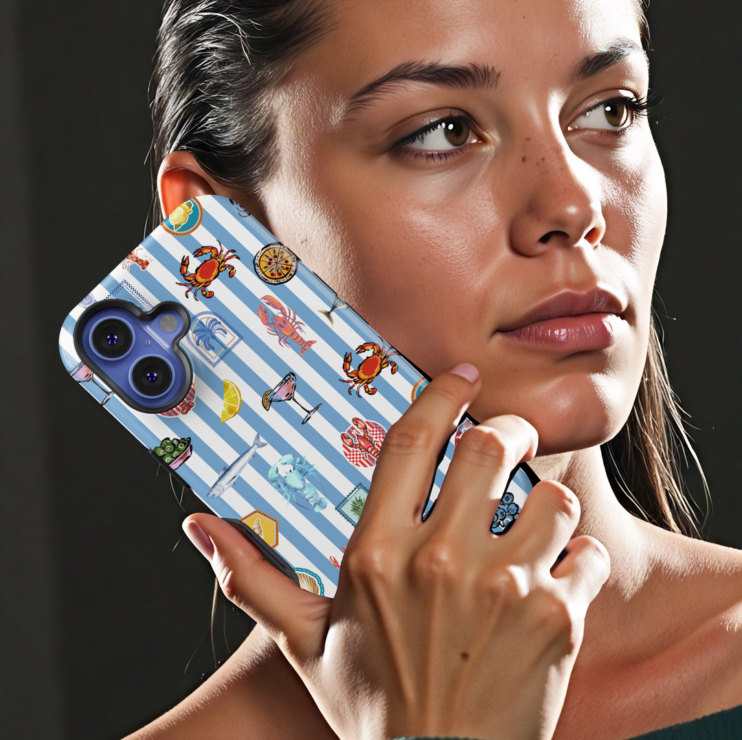 Blue striped iPhone case with coastal seafood and lemon illustrations – Coastal Chow summer phone cover design