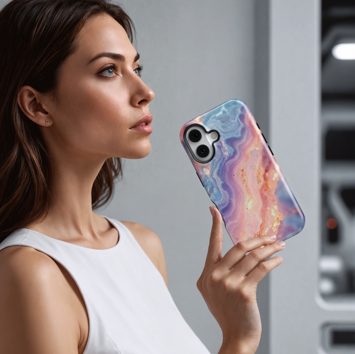 Pink and blue marble iPhone case with shimmer texture – compatible with iPhone 16 Pro, 15, 14 Plus, Galaxy S24 Ultra, MagSafe ready.